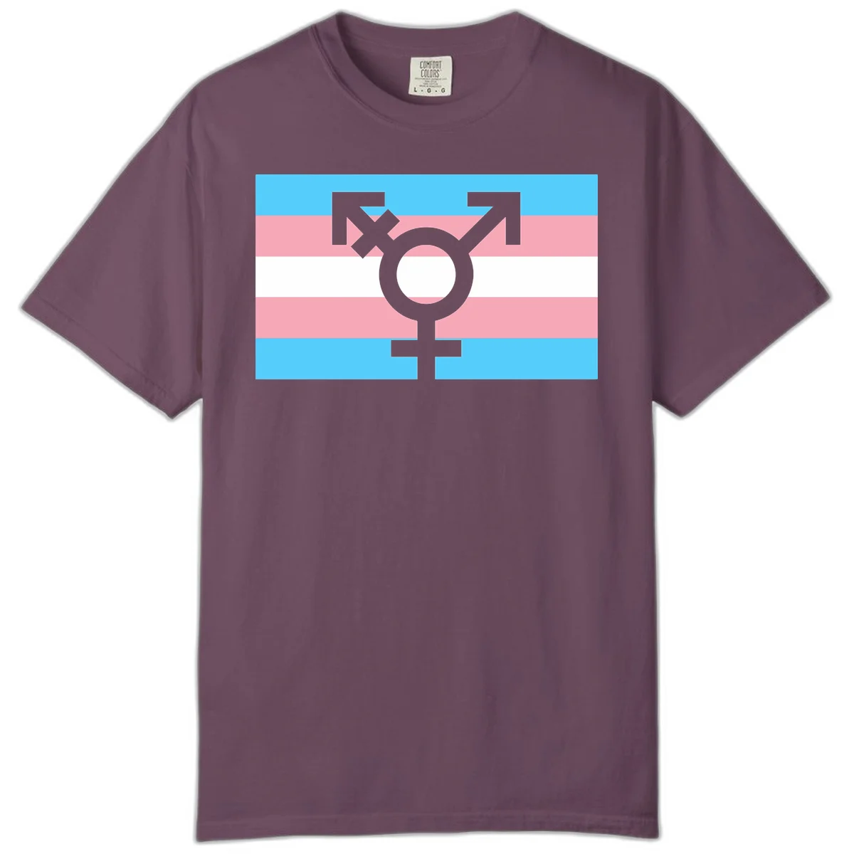Transgender pride flag with gray transgender symbol centered on light blue, pink, and white horizontal stripes in Berry