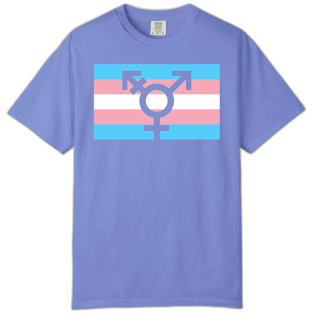 Transgender pride flag with gray transgender symbol centered on light blue, pink, and white horizontal stripes in Flo Blue
