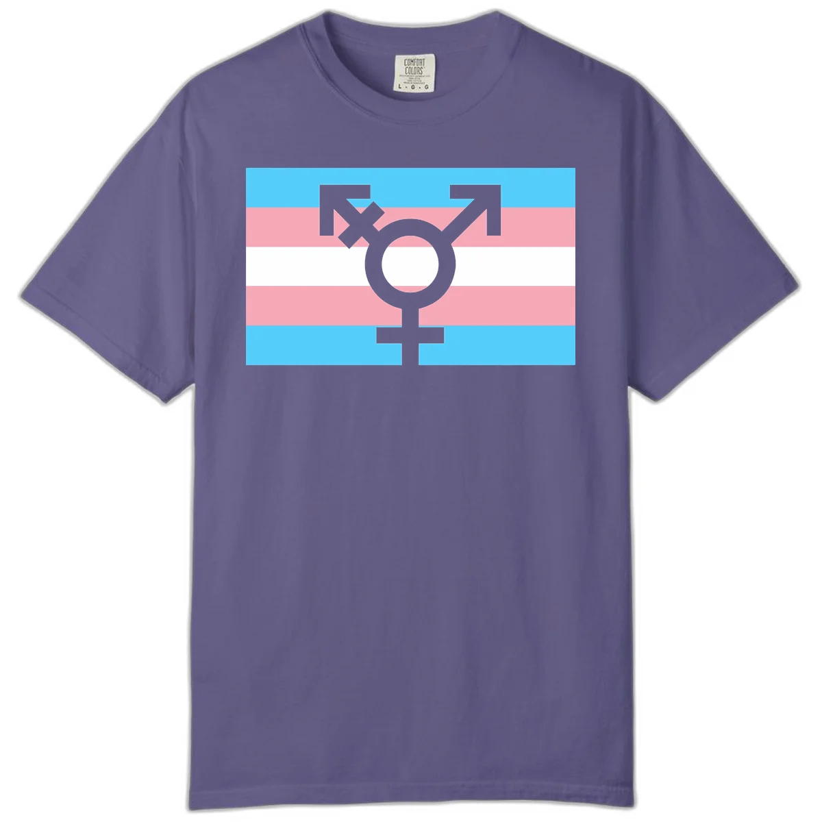Transgender pride flag with gray transgender symbol centered on light blue, pink, and white horizontal stripes in Grape