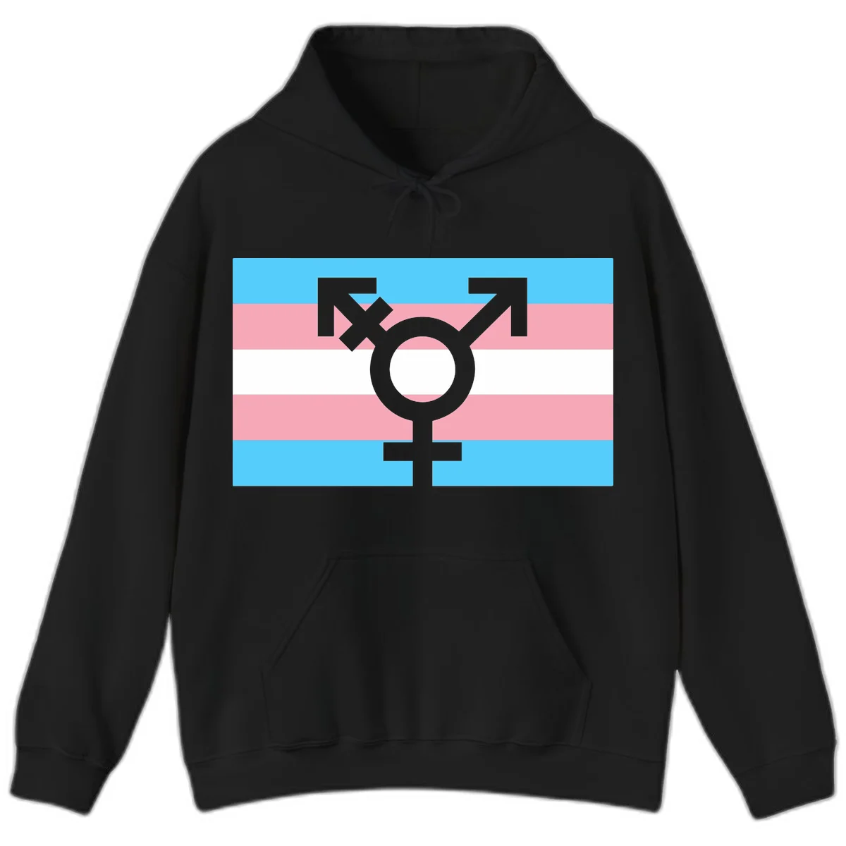 Transgender pride flag with gray transgender symbol centered on light blue, pink, and white horizontal stripes in Black