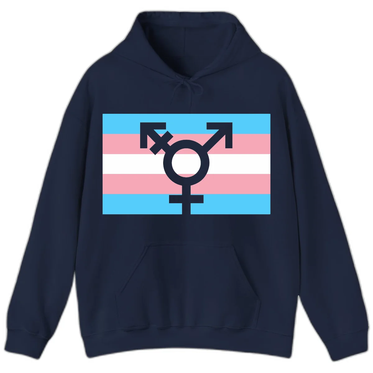 Transgender pride flag with gray transgender symbol centered on light blue, pink, and white horizontal stripes in Navy