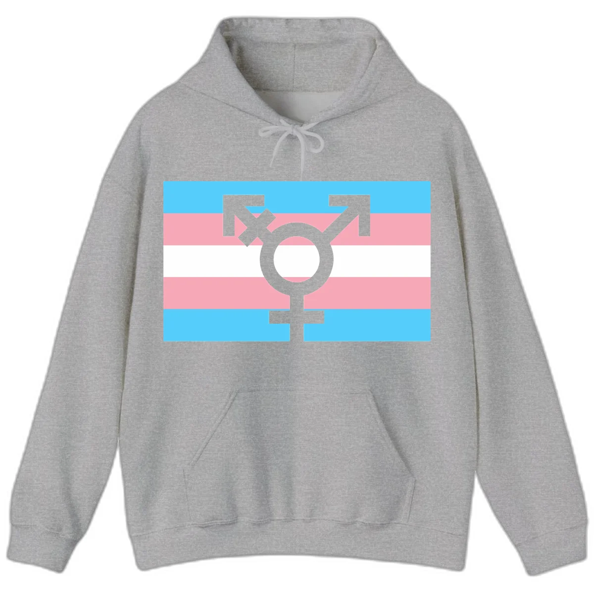 Transgender pride flag with gray transgender symbol centered on light blue, pink, and white horizontal stripes in Sport Grey
