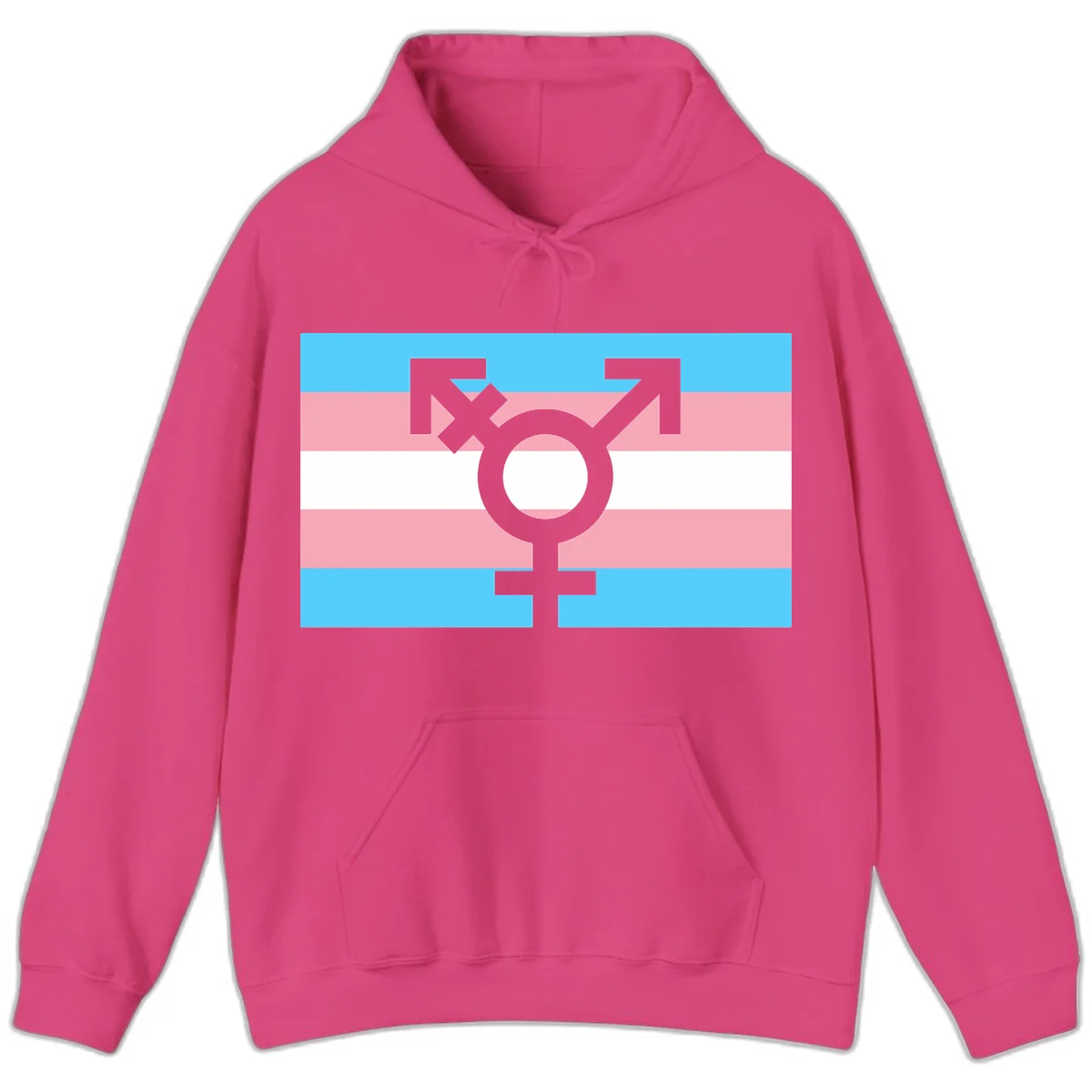 Transgender pride flag with gray transgender symbol centered on light blue, pink, and white horizontal stripes in Heliconia