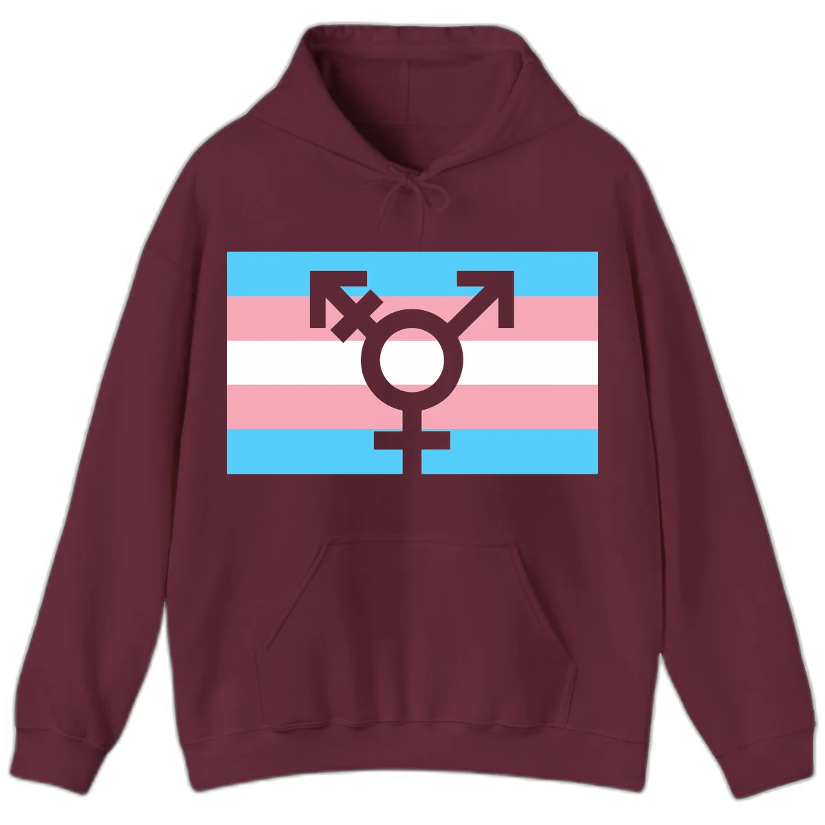 Transgender pride flag with gray transgender symbol centered on light blue, pink, and white horizontal stripes in Maroon