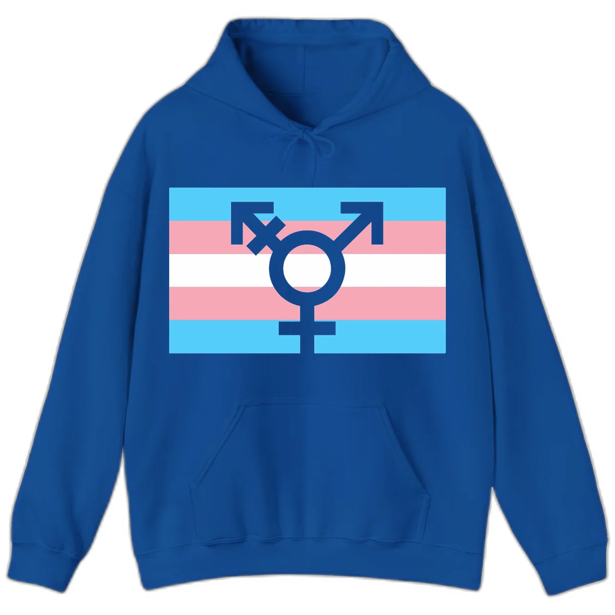 Transgender pride flag with gray transgender symbol centered on light blue, pink, and white horizontal stripes in Royal
