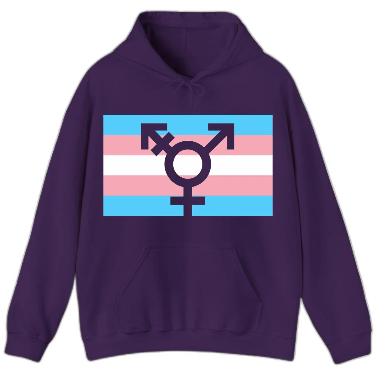 Transgender pride flag with gray transgender symbol centered on light blue, pink, and white horizontal stripes in Purple