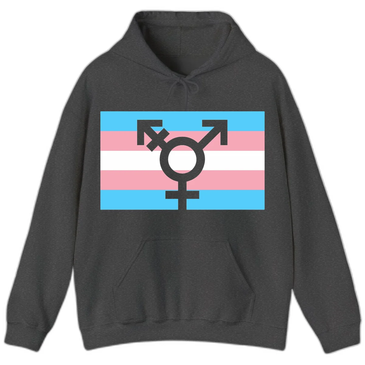 Transgender pride flag with gray transgender symbol centered on light blue, pink, and white horizontal stripes in Dark Heather