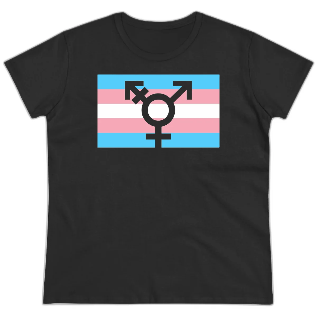 Transgender pride flag with gray transgender symbol centered on light blue, pink, and white horizontal stripes in Black