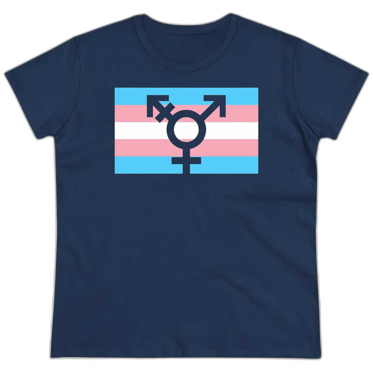 Transgender pride flag with gray transgender symbol centered on light blue, pink, and white horizontal stripes in Navy