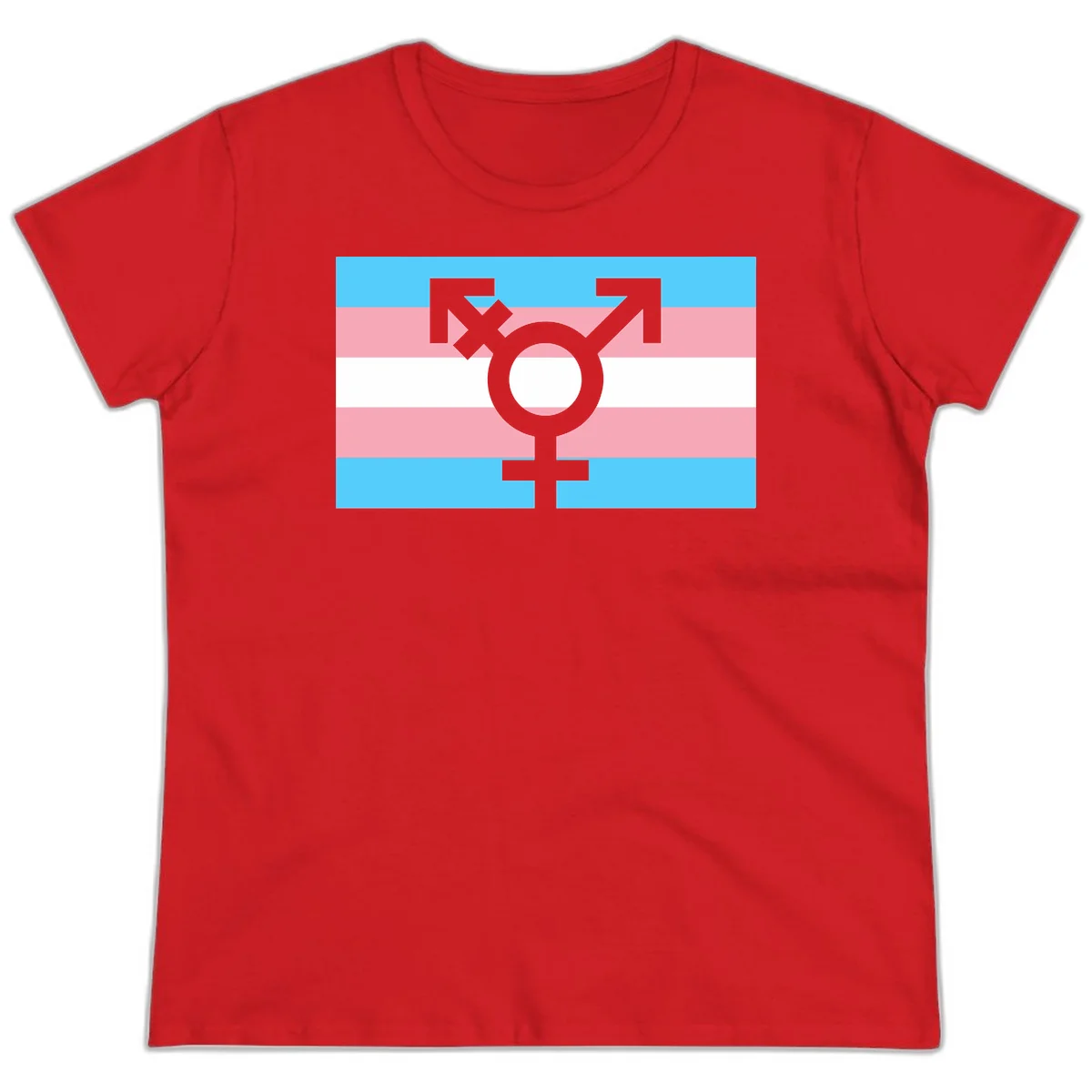 Transgender pride flag with gray transgender symbol centered on light blue, pink, and white horizontal stripes in Red