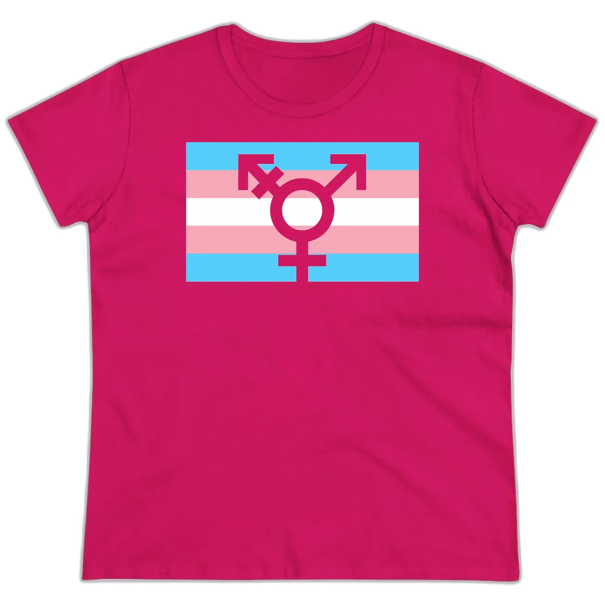 Transgender pride flag with gray transgender symbol centered on light blue, pink, and white horizontal stripes in Heliconia