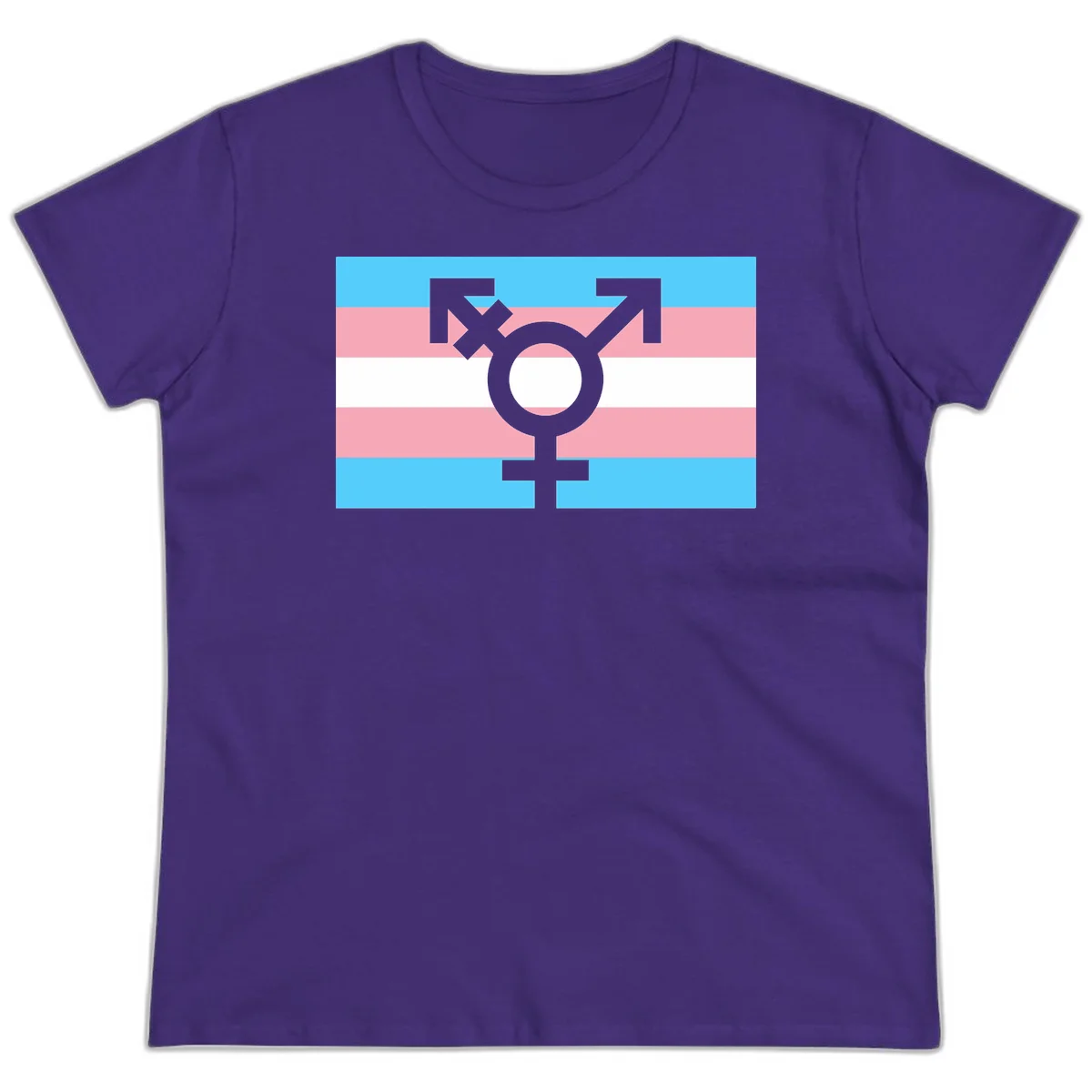 Transgender pride flag with gray transgender symbol centered on light blue, pink, and white horizontal stripes in Purple