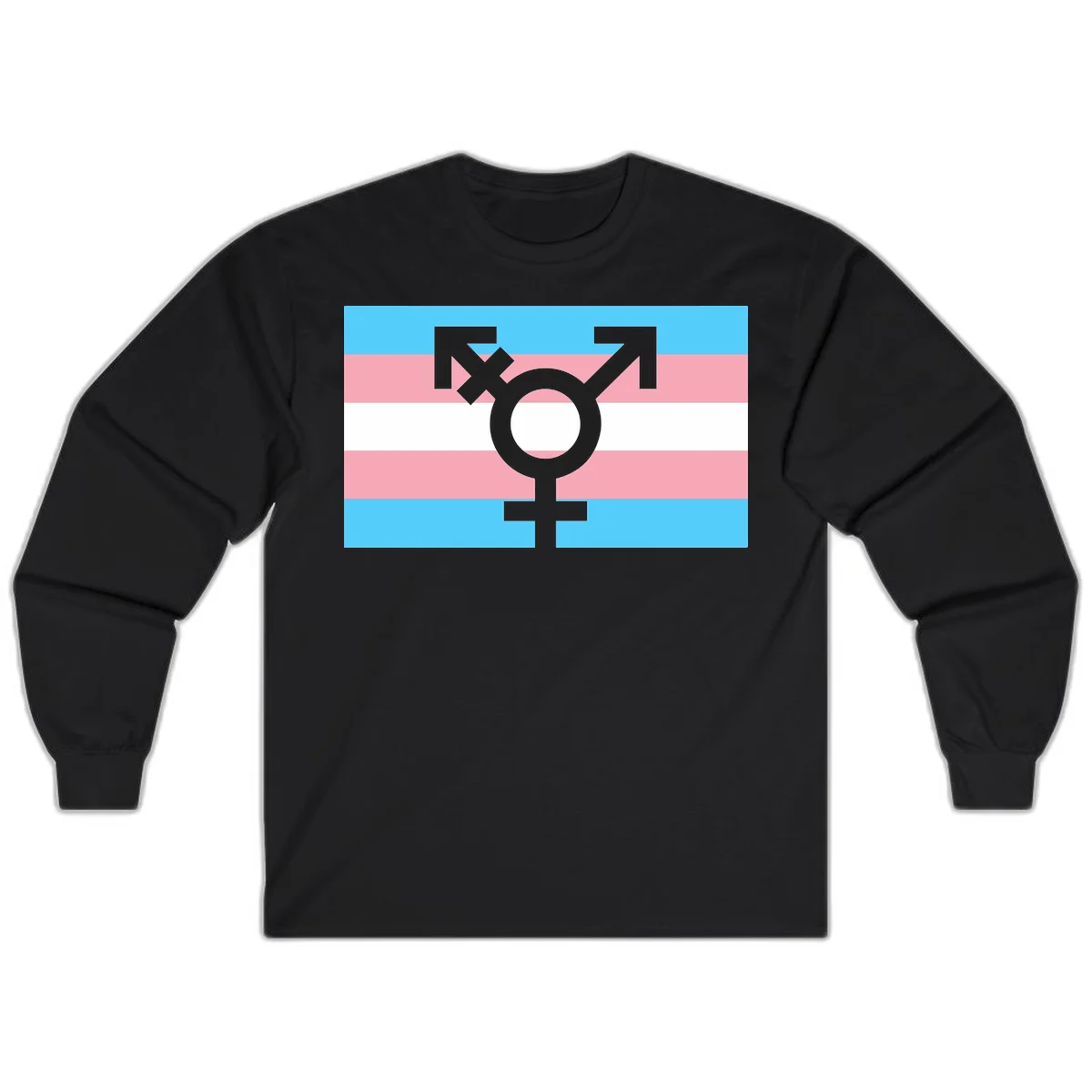 Transgender pride flag with gray transgender symbol centered on light blue, pink, and white horizontal stripes in Black