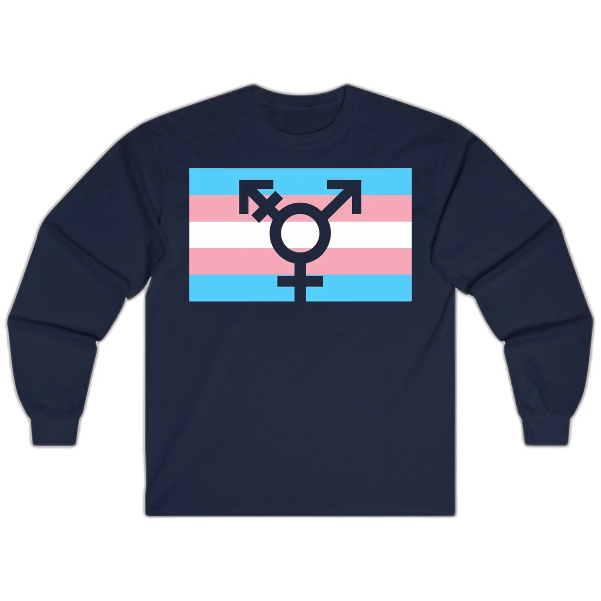 Transgender pride flag with gray transgender symbol centered on light blue, pink, and white horizontal stripes in Navy