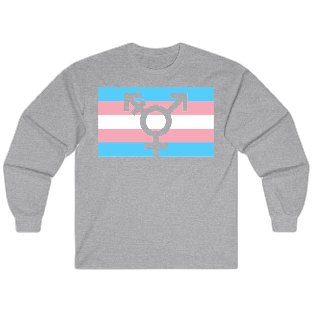 Transgender pride flag with gray transgender symbol centered on light blue, pink, and white horizontal stripes in Sport Grey