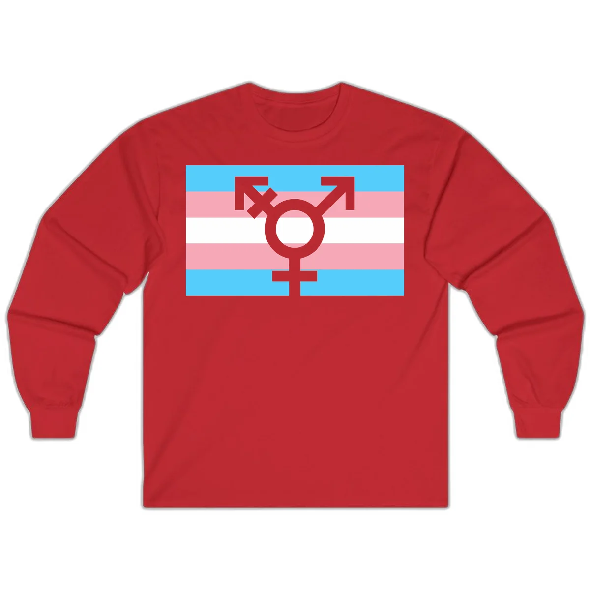 Transgender pride flag with gray transgender symbol centered on light blue, pink, and white horizontal stripes in Red