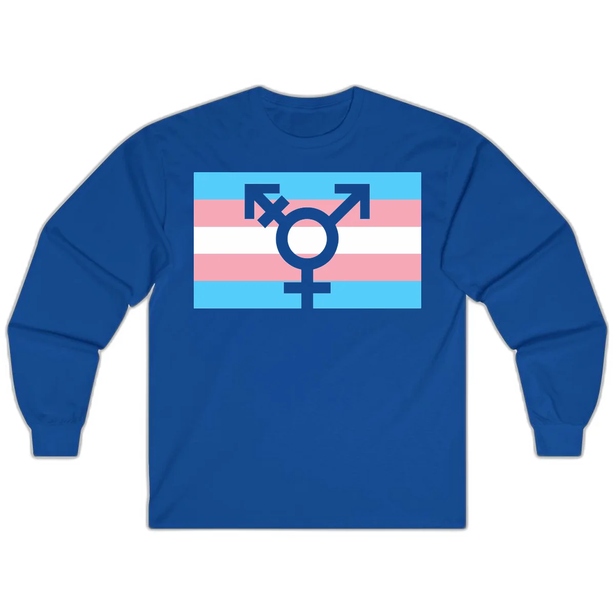 Transgender pride flag with gray transgender symbol centered on light blue, pink, and white horizontal stripes in Royal