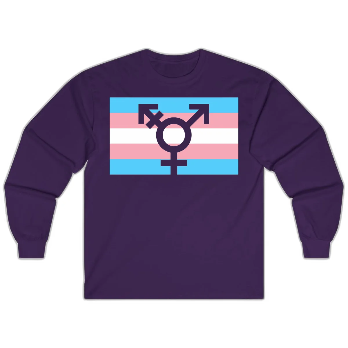 Transgender pride flag with gray transgender symbol centered on light blue, pink, and white horizontal stripes in Purple
