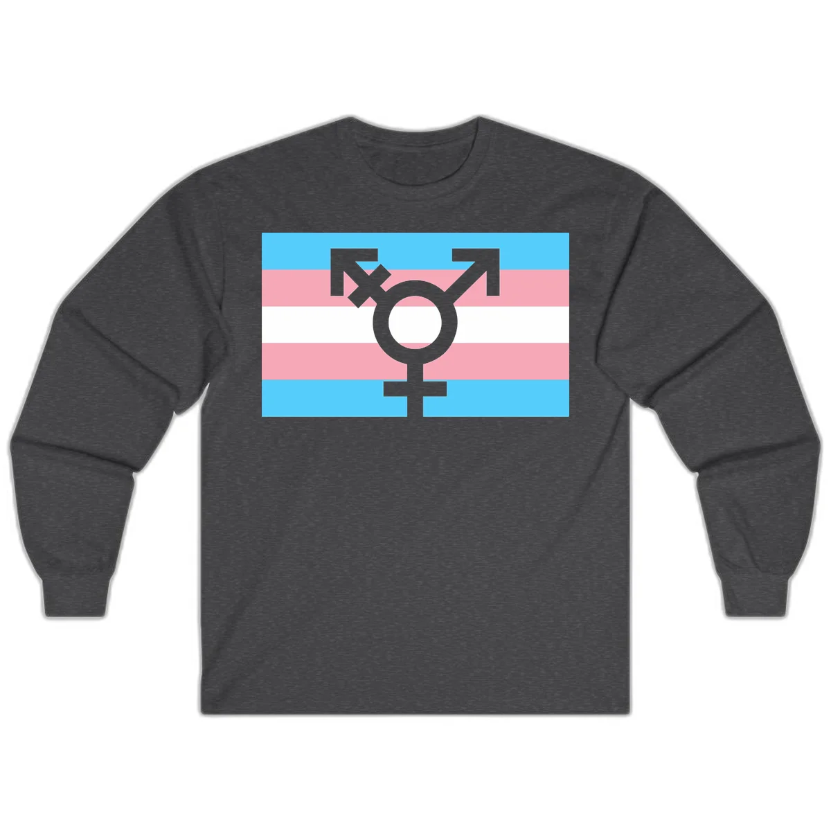 Transgender pride flag with gray transgender symbol centered on light blue, pink, and white horizontal stripes in Dark Heather