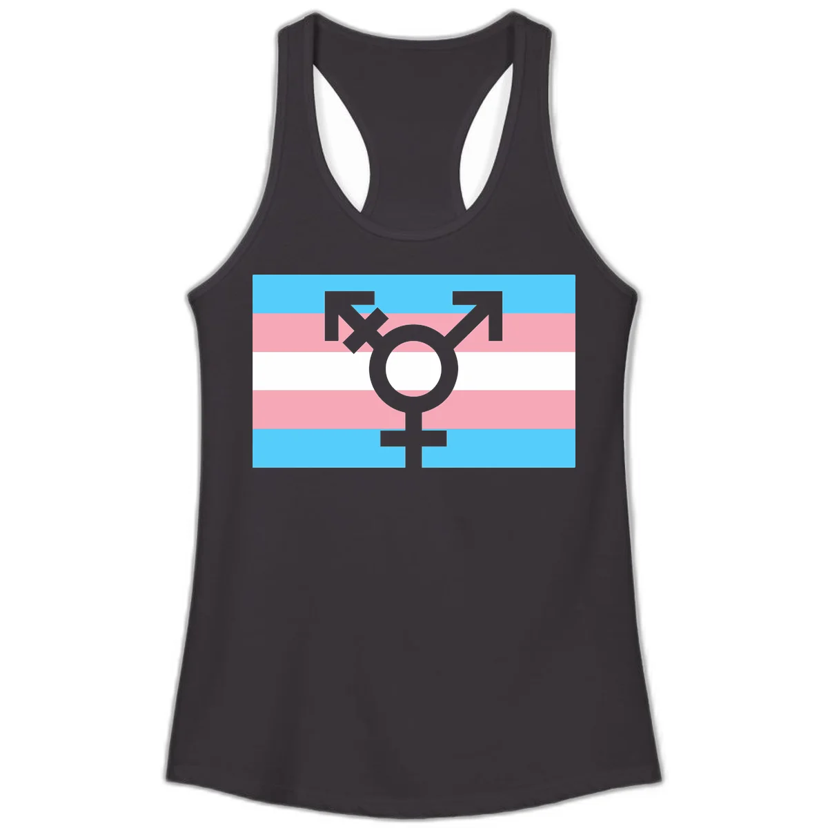 Transgender pride flag with gray transgender symbol centered on light blue, pink, and white horizontal stripes in Black