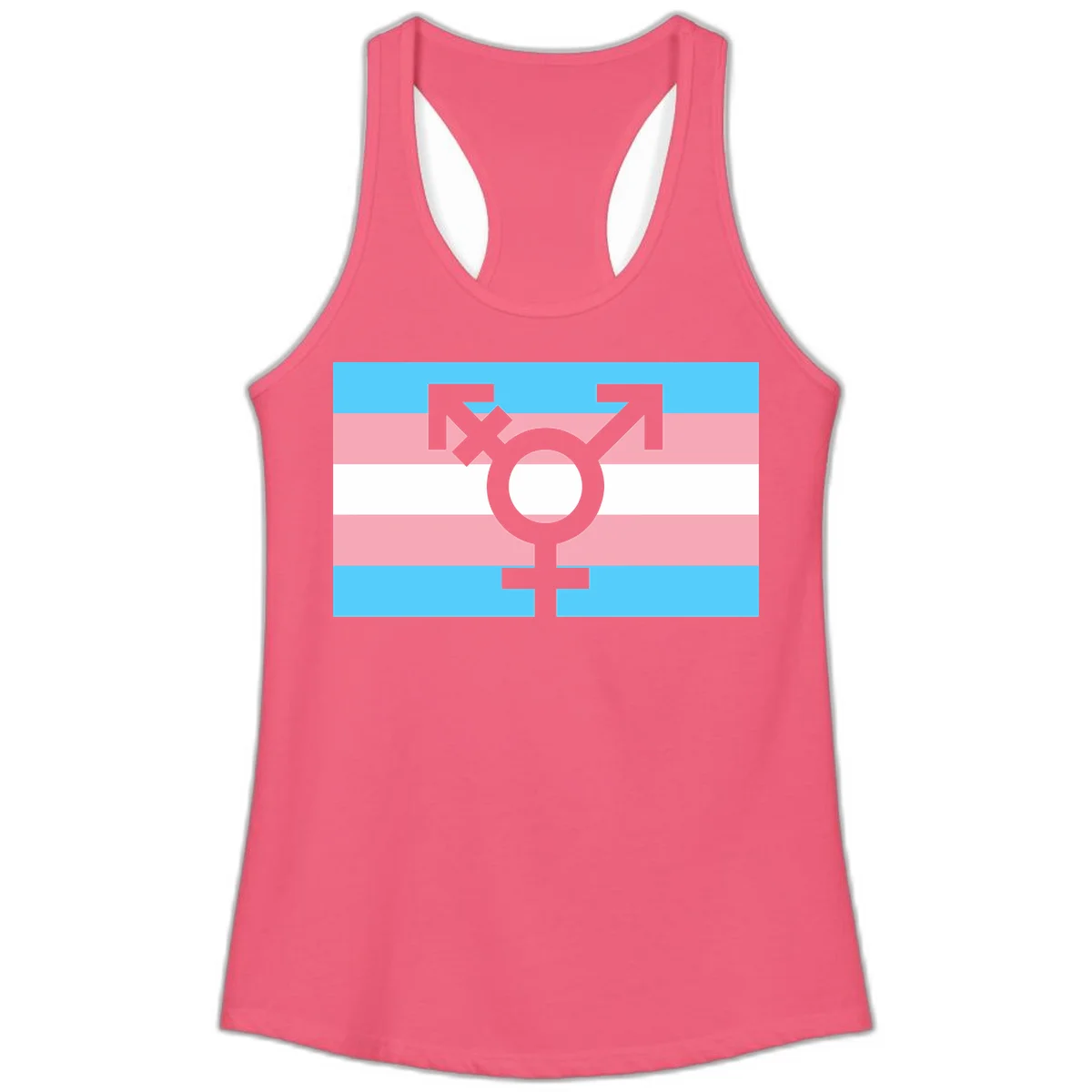 Transgender pride flag with gray transgender symbol centered on light blue, pink, and white horizontal stripes in Hot Pink