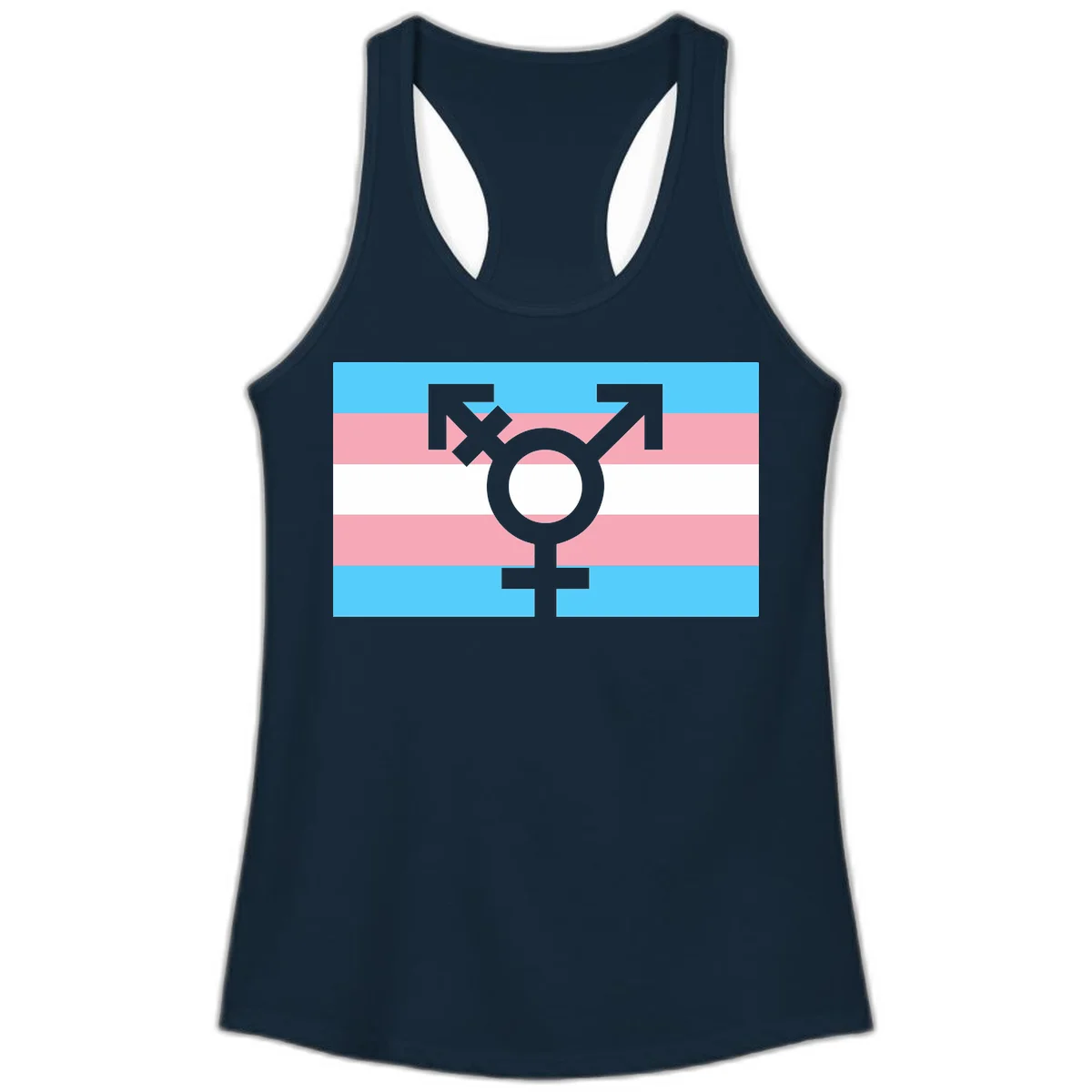 Transgender pride flag with gray transgender symbol centered on light blue, pink, and white horizontal stripes in Solid Midnight Navy