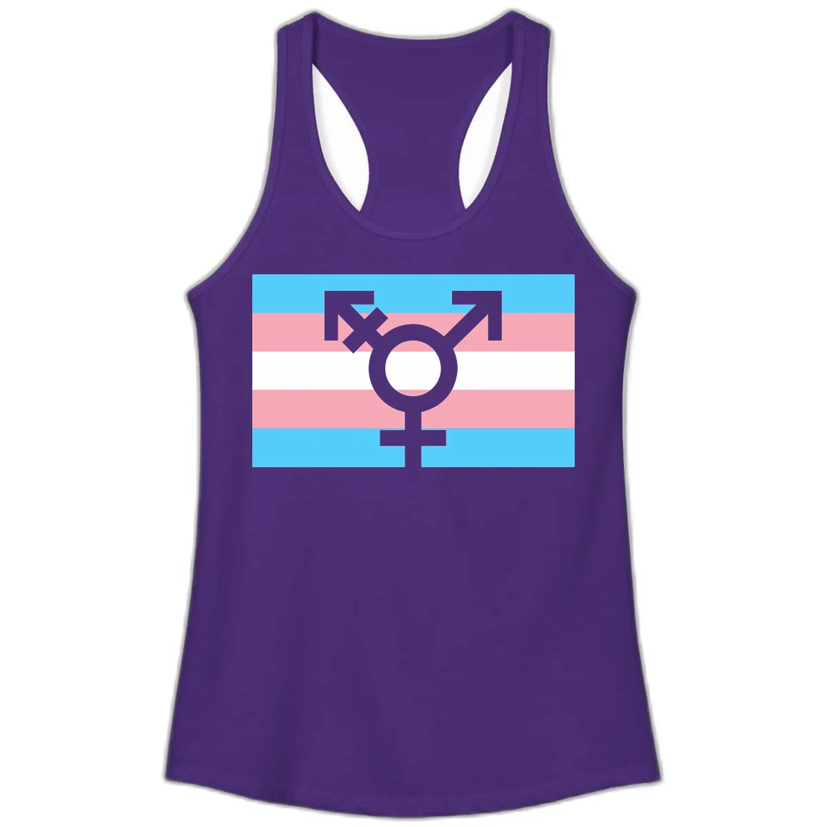 Transgender pride flag with gray transgender symbol centered on light blue, pink, and white horizontal stripes in Solid Purple Rush
