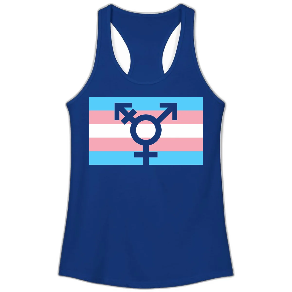 Transgender pride flag with gray transgender symbol centered on light blue, pink, and white horizontal stripes in Solid Royal