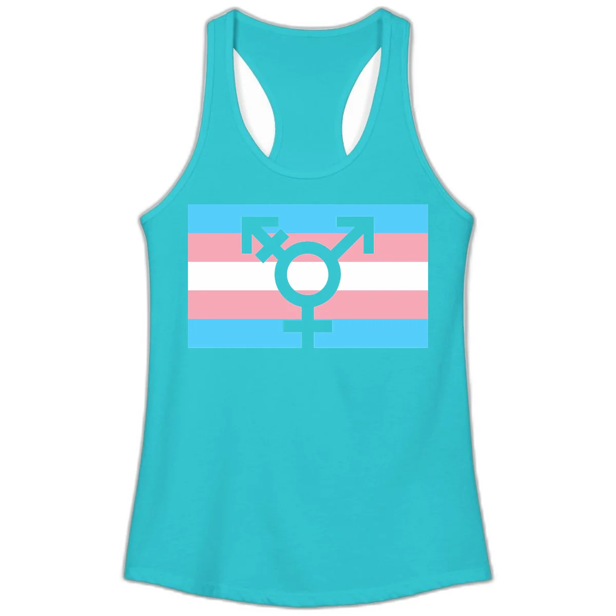Transgender pride flag with gray transgender symbol centered on light blue, pink, and white horizontal stripes in Solid Tahiti Blue