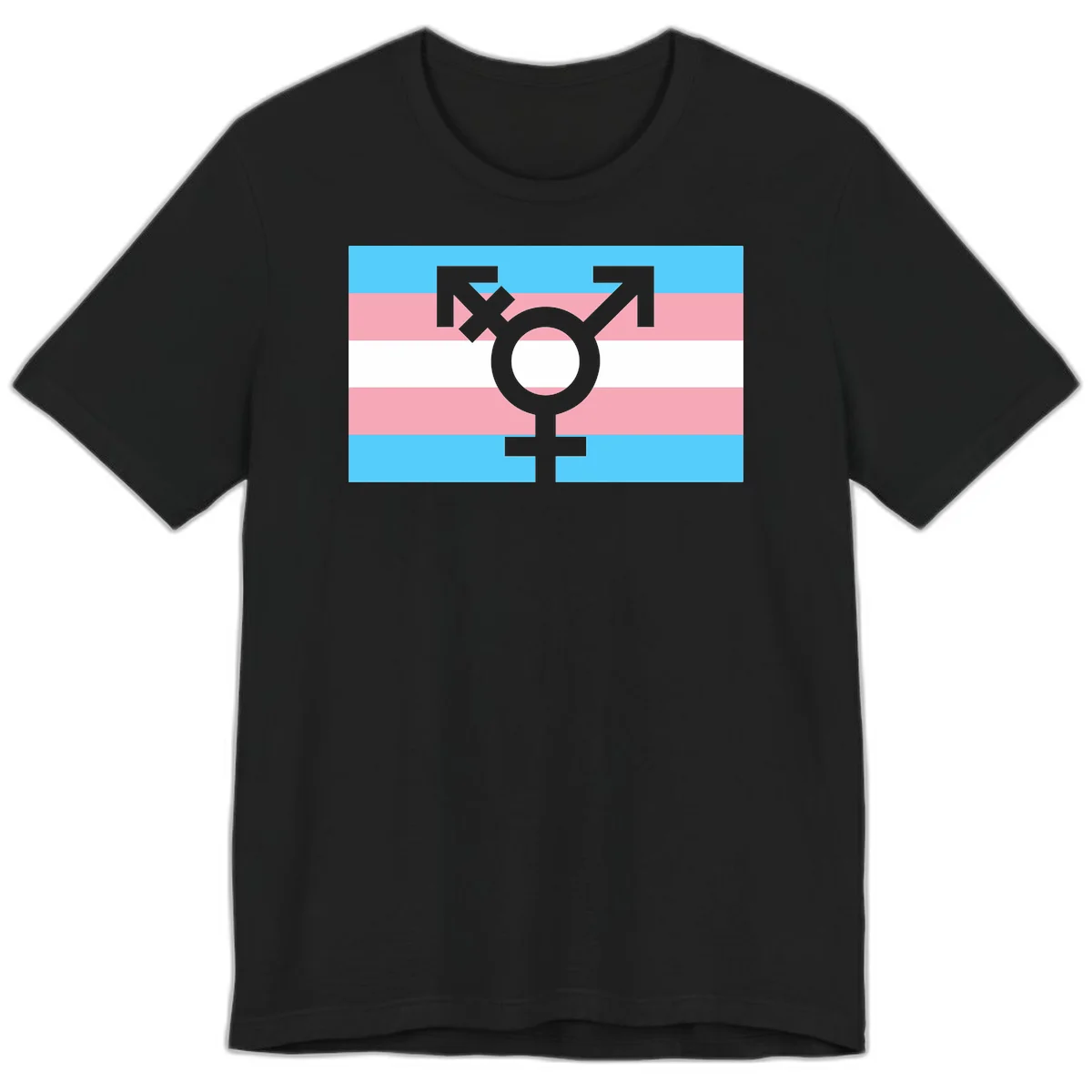 Transgender pride flag with gray transgender symbol centered on light blue, pink, and white horizontal stripes in Black