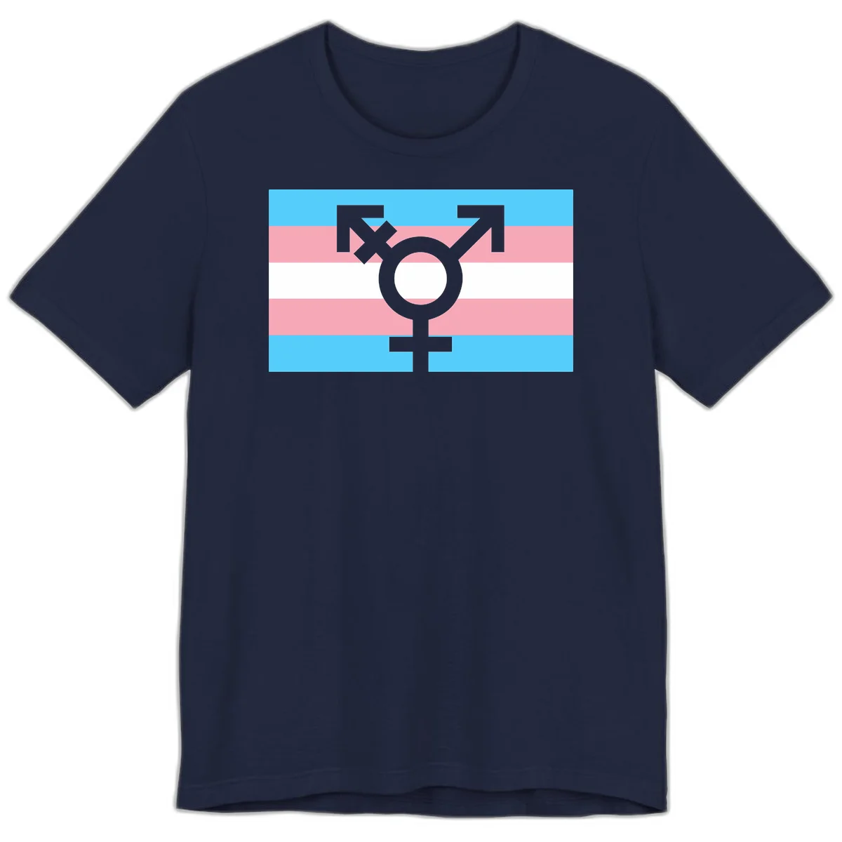 Transgender pride flag with gray transgender symbol centered on light blue, pink, and white horizontal stripes in Navy
