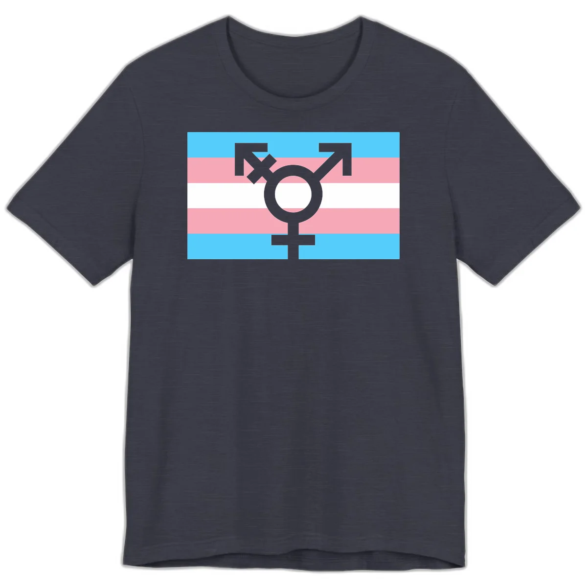 Transgender pride flag with gray transgender symbol centered on light blue, pink, and white horizontal stripes in Heather Midnight Navy