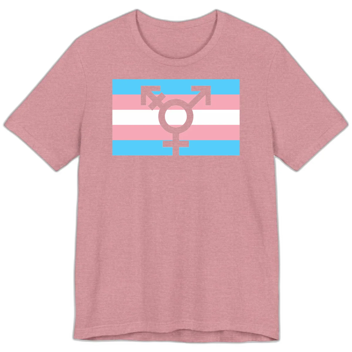 Transgender pride flag with gray transgender symbol centered on light blue, pink, and white horizontal stripes in Heather Orchid