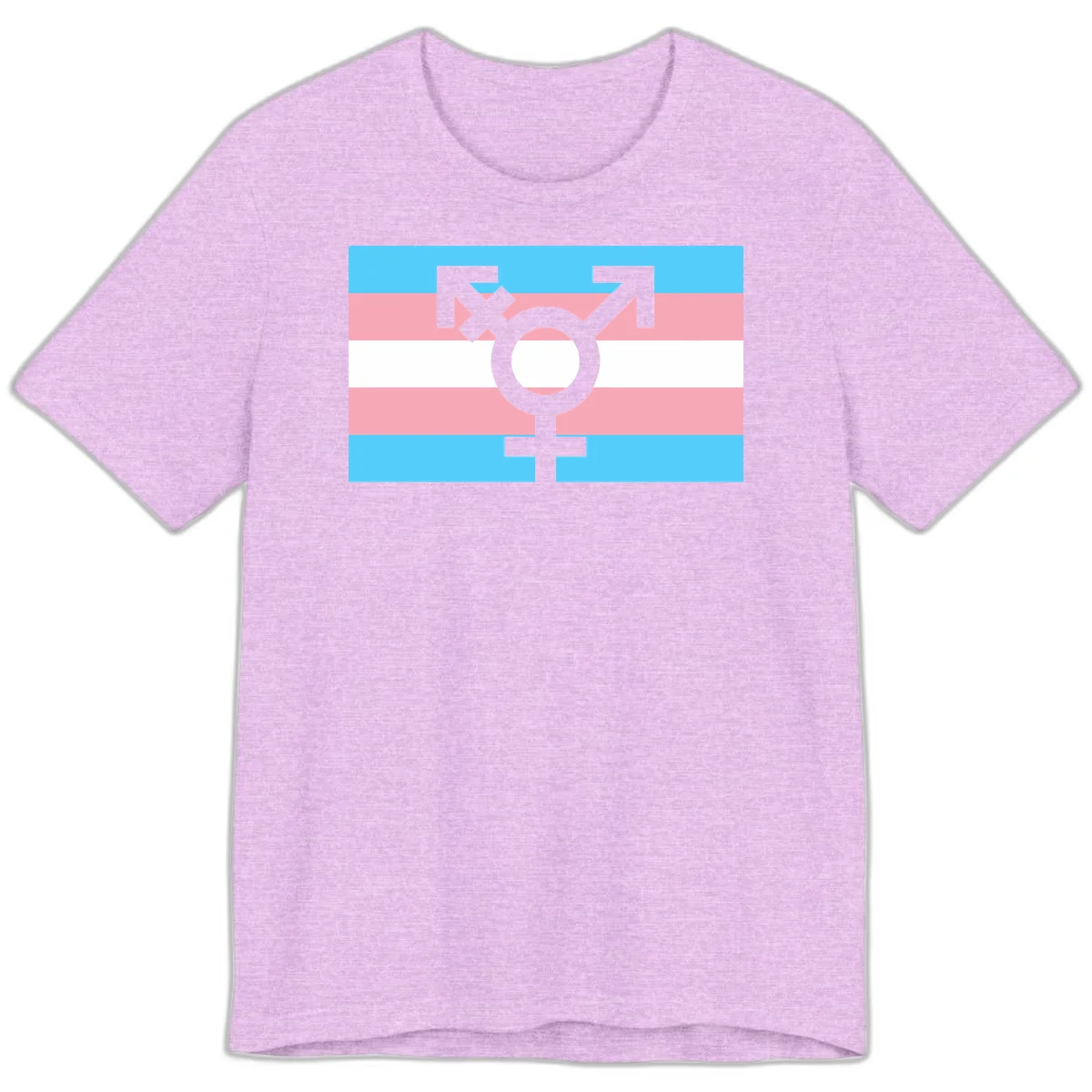 Transgender pride flag with gray transgender symbol centered on light blue, pink, and white horizontal stripes in Heather Prism Lilac