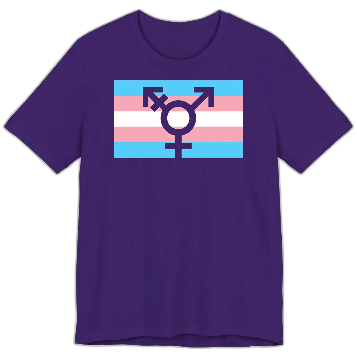 Transgender pride flag with gray transgender symbol centered on light blue, pink, and white horizontal stripes in Team Purple