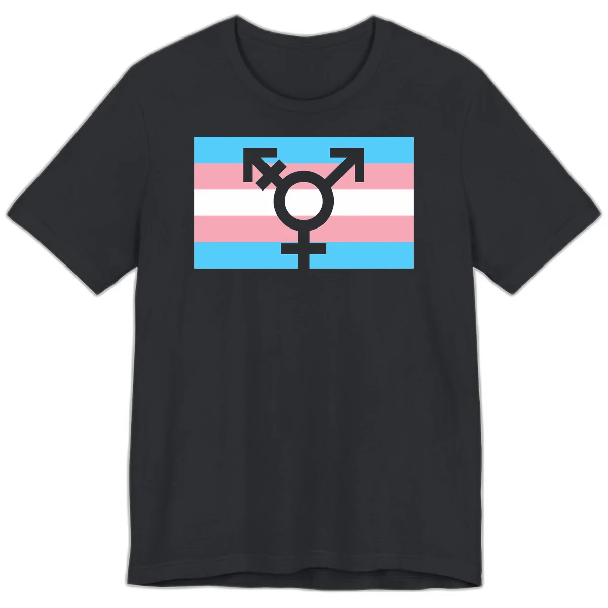 Transgender pride flag with gray transgender symbol centered on light blue, pink, and white horizontal stripes in Vintage Black