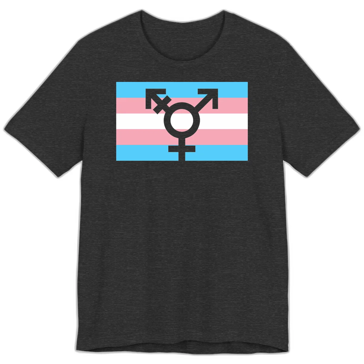 Transgender pride flag with gray transgender symbol centered on light blue, pink, and white horizontal stripes in Dark Grey Heather
