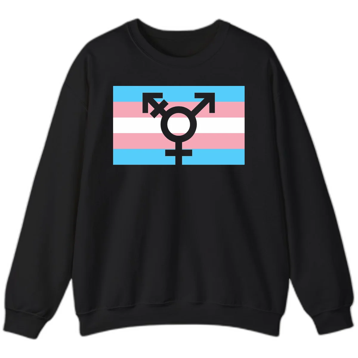 Transgender pride flag with gray transgender symbol centered on light blue, pink, and white horizontal stripes in Black