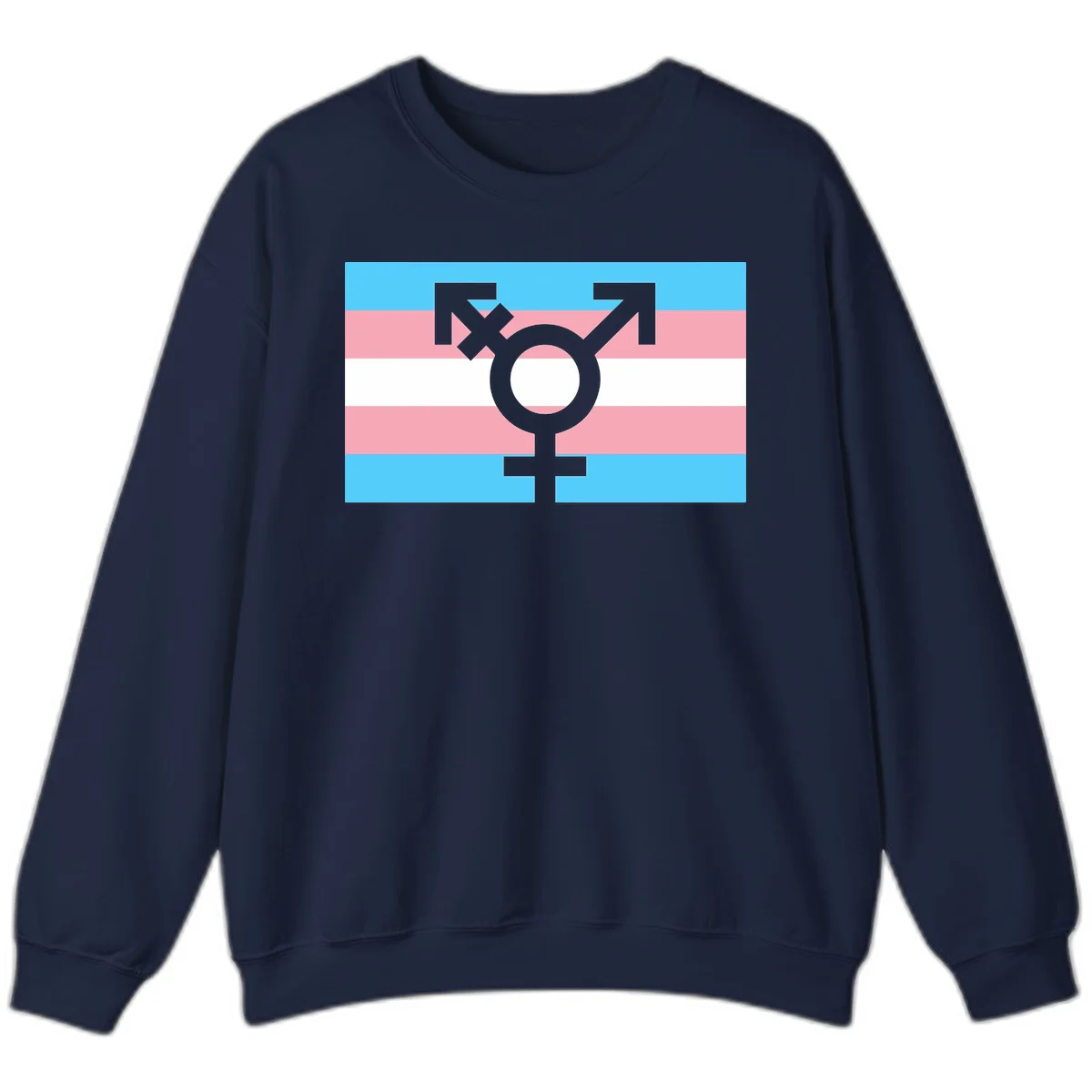 Transgender pride flag with gray transgender symbol centered on light blue, pink, and white horizontal stripes in Navy