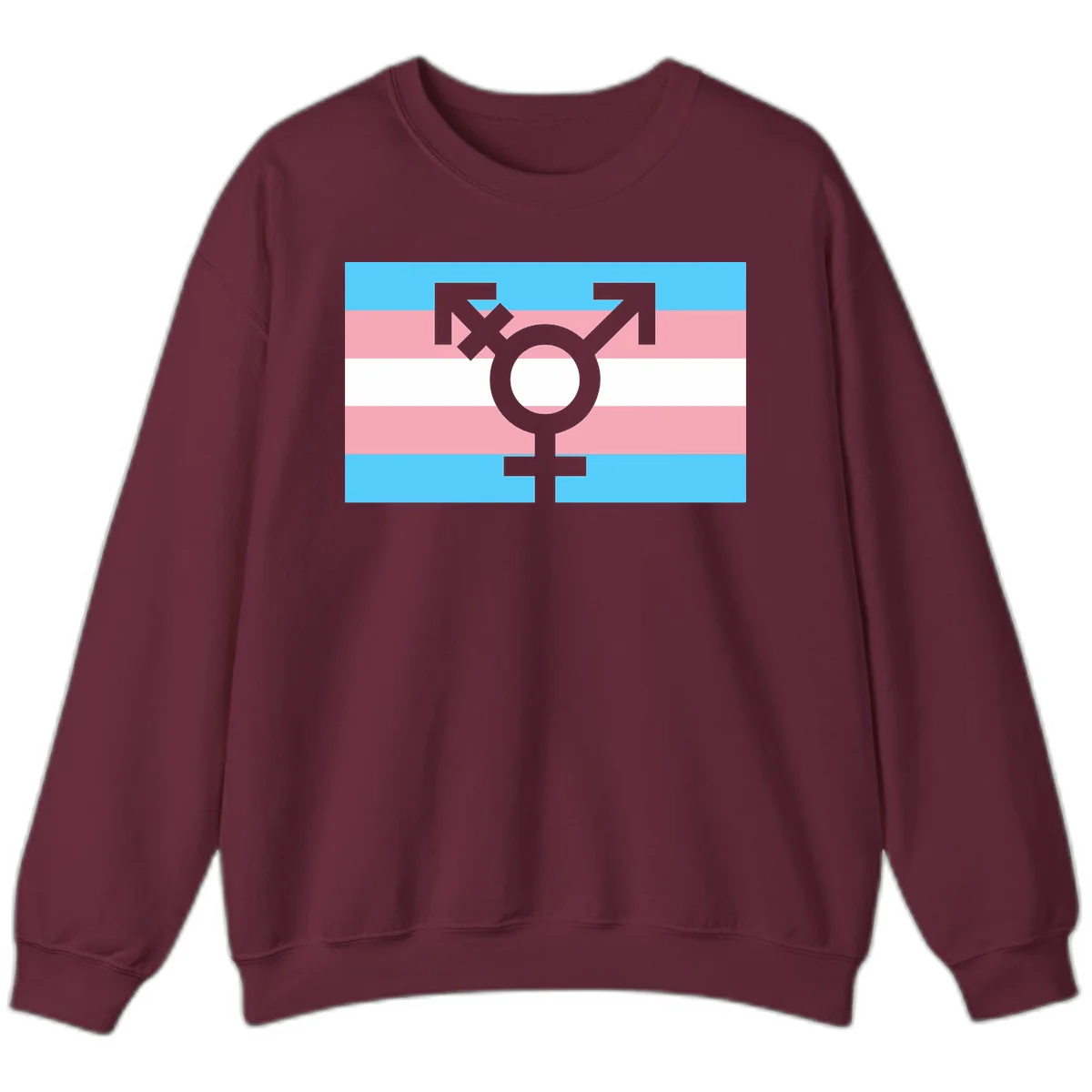 Transgender pride flag with gray transgender symbol centered on light blue, pink, and white horizontal stripes in Maroon