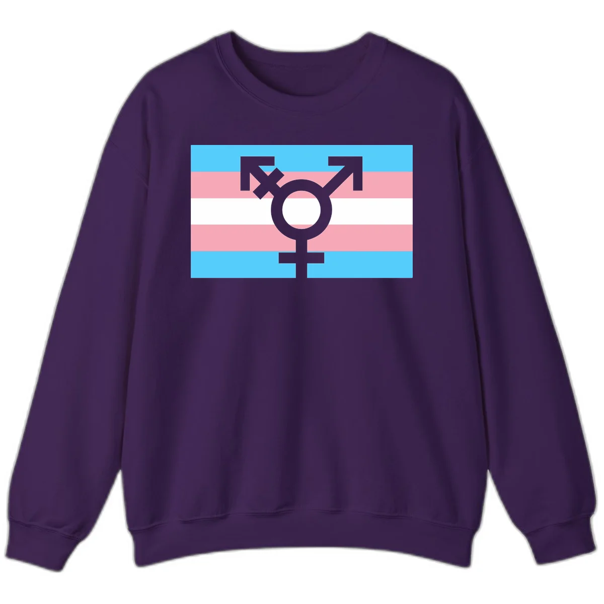 Transgender pride flag with gray transgender symbol centered on light blue, pink, and white horizontal stripes in Purple