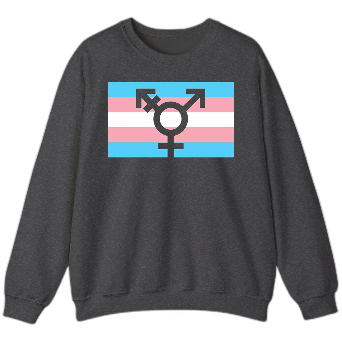 Transgender pride flag with gray transgender symbol centered on light blue, pink, and white horizontal stripes in Dark Heather