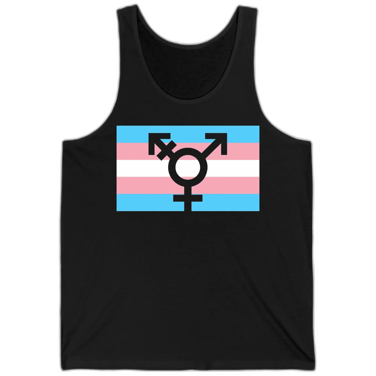 Transgender pride flag with gray transgender symbol centered on light blue, pink, and white horizontal stripes in Black