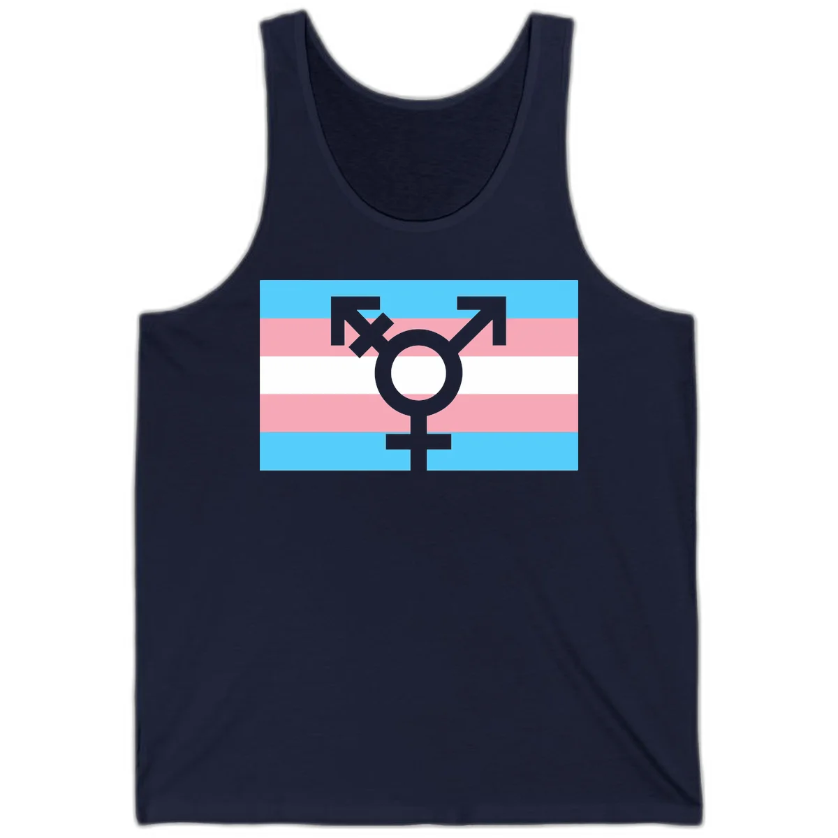 Transgender pride flag with gray transgender symbol centered on light blue, pink, and white horizontal stripes in Navy