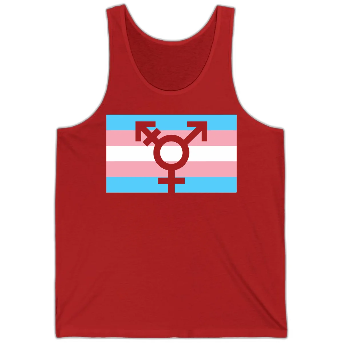 Transgender pride flag with gray transgender symbol centered on light blue, pink, and white horizontal stripes in Red