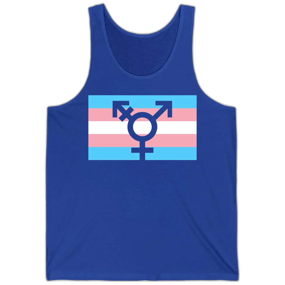 Transgender pride flag with gray transgender symbol centered on light blue, pink, and white horizontal stripes in True Royal