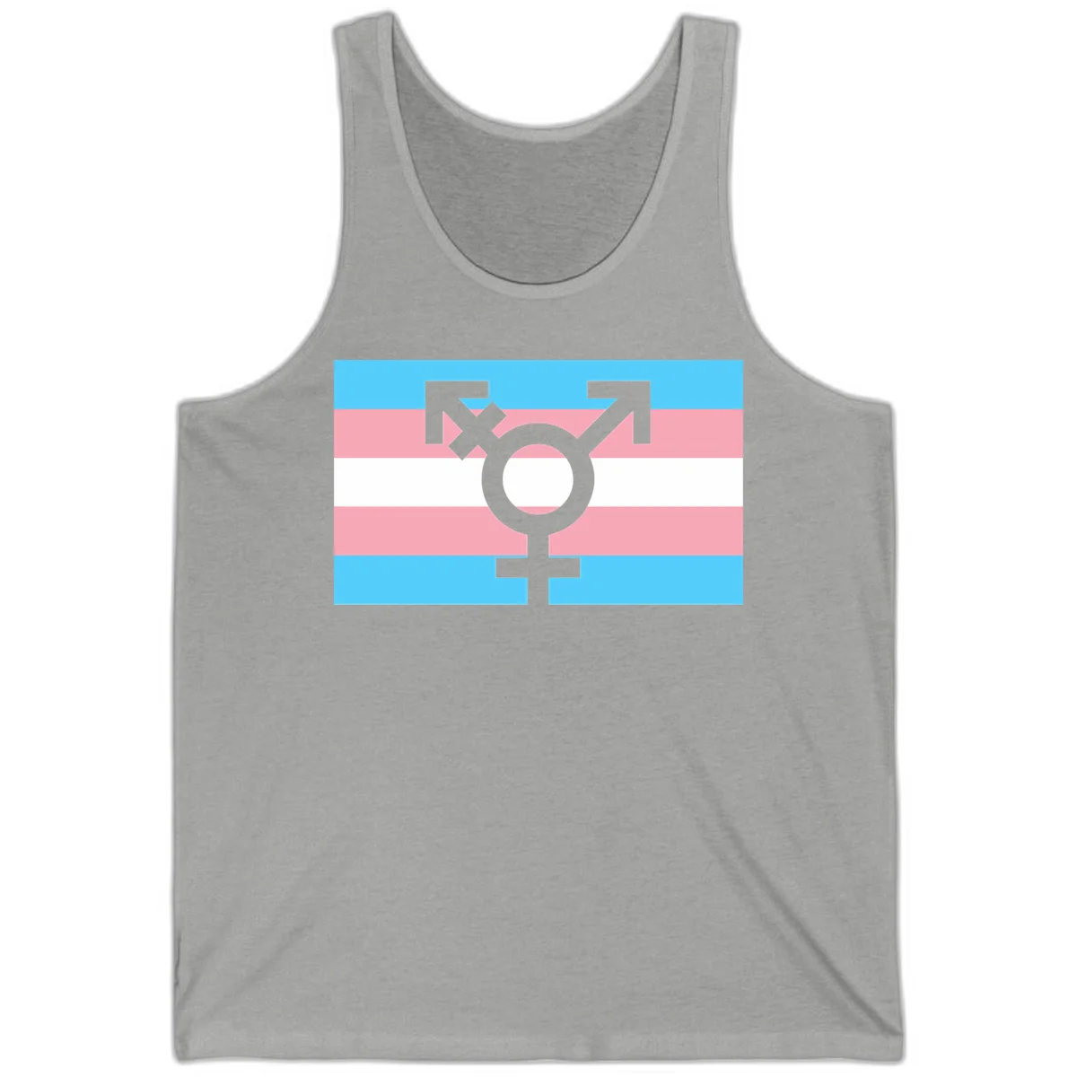Transgender pride flag with gray transgender symbol centered on light blue, pink, and white horizontal stripes in Athletic Heather