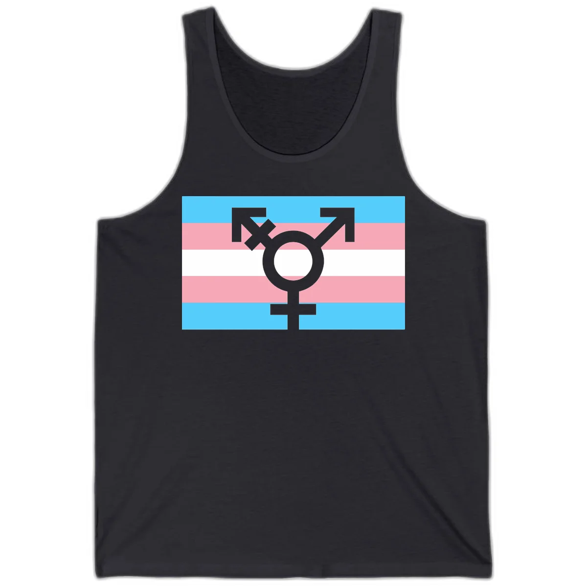 Transgender pride flag with gray transgender symbol centered on light blue, pink, and white horizontal stripes in Dark Grey