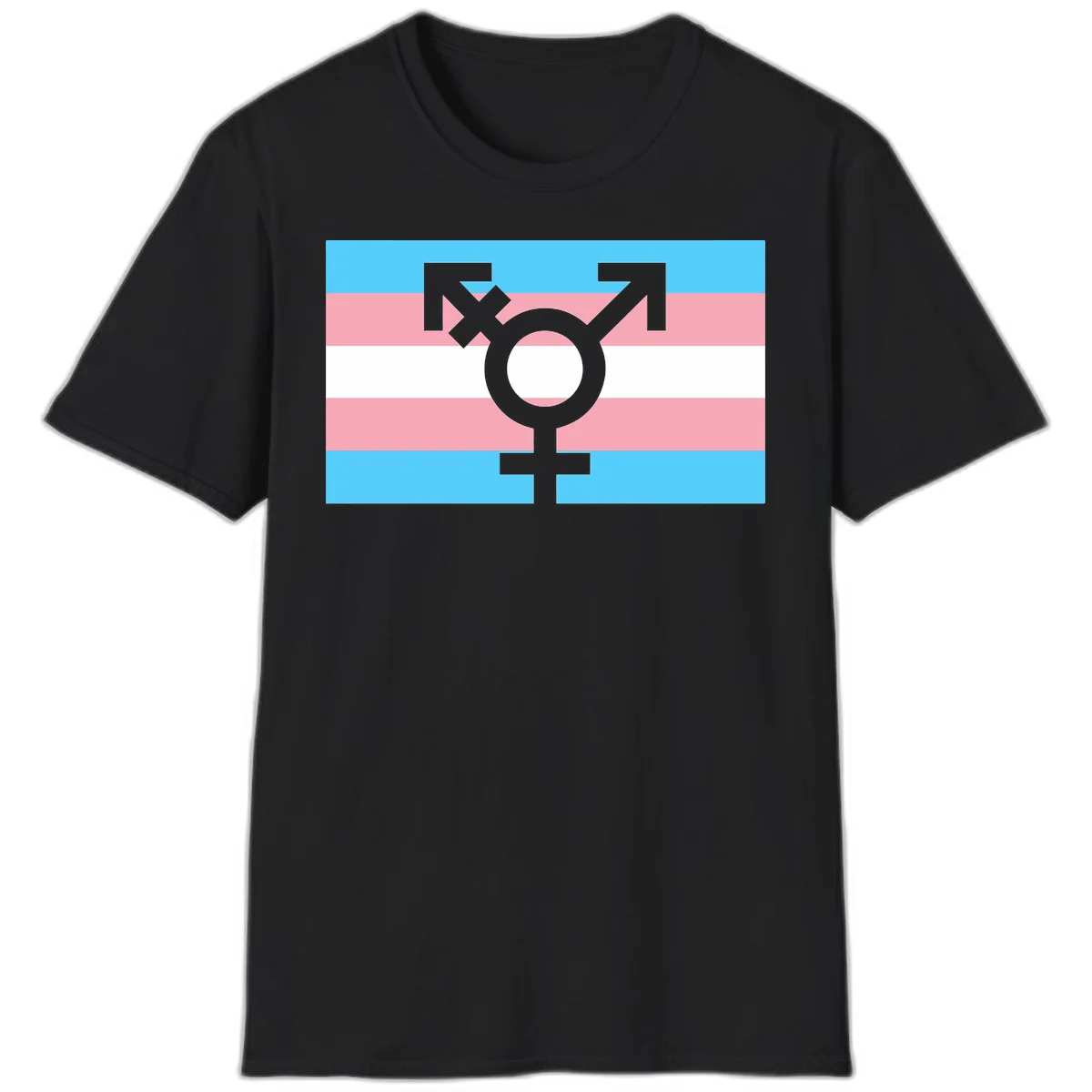 Transgender pride flag with gray transgender symbol centered on light blue, pink, and white horizontal stripes in Black