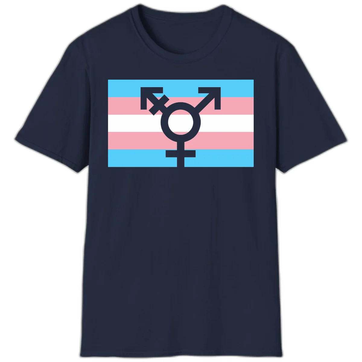 Transgender pride flag with gray transgender symbol centered on light blue, pink, and white horizontal stripes in Navy